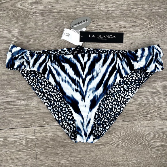 NWT - LA BLANCA Reversible Animal Instincts Shirred Swim Bottoms Blue - Size 16 - Picture 2 of 16